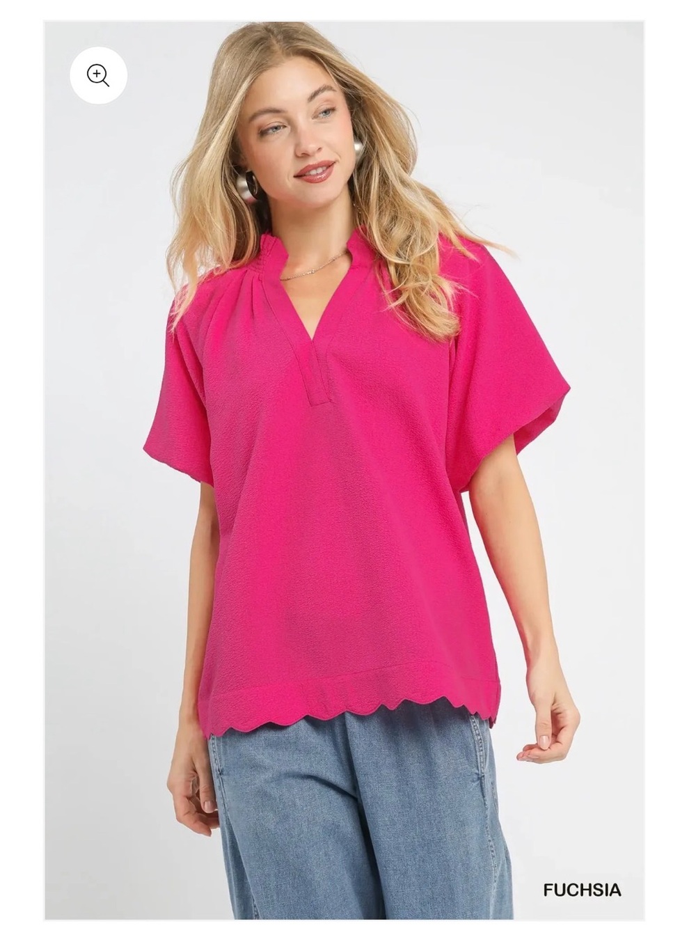 Umgee Fuchsia V-Neck Scallop Hem Blouse